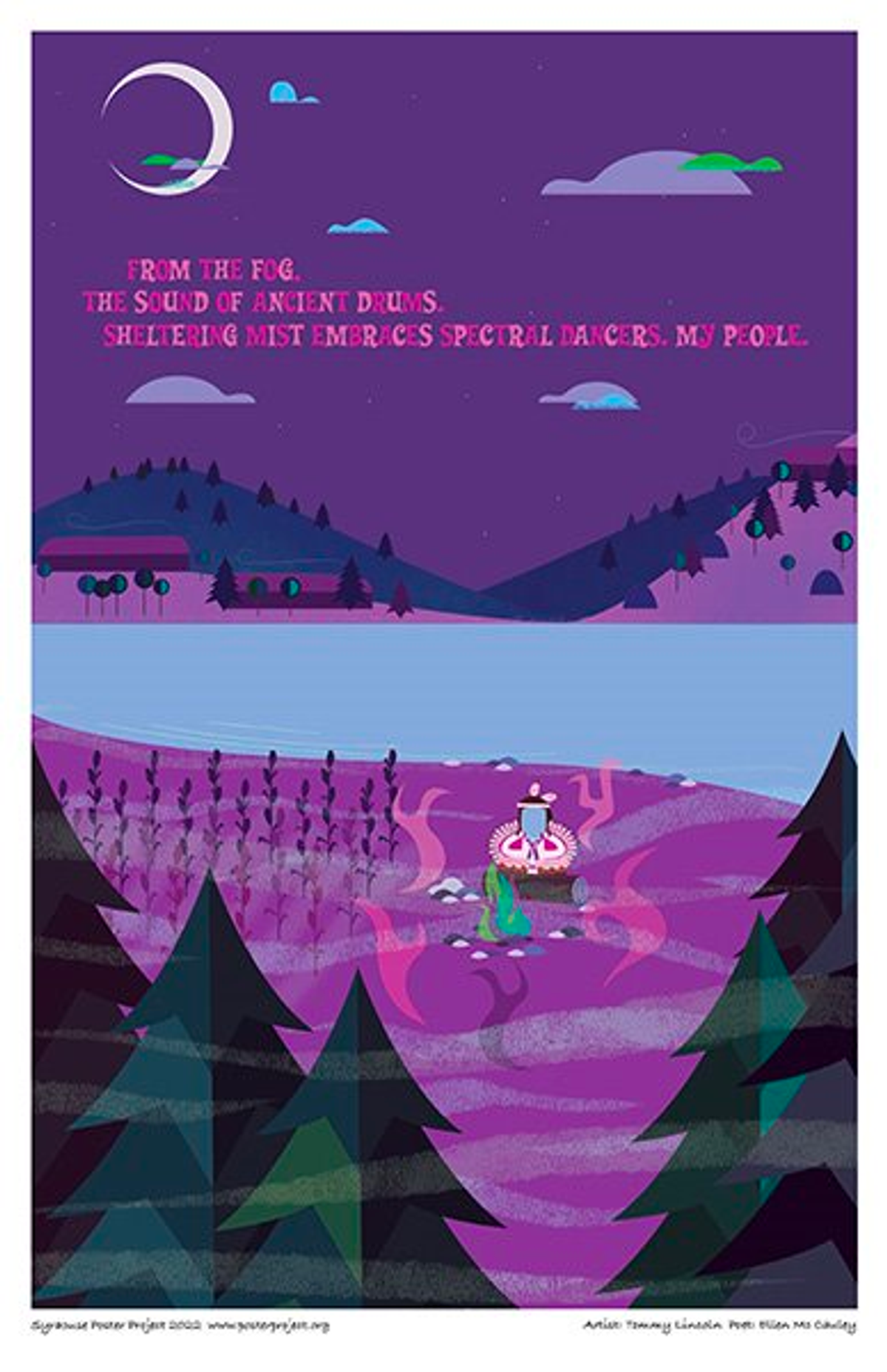 From the fog,
the sound of ancient drums.
Sheltering mist embraces spectral dancers. My people Abstract silhouettes dance beside a fire and river in a foggy moonlit night