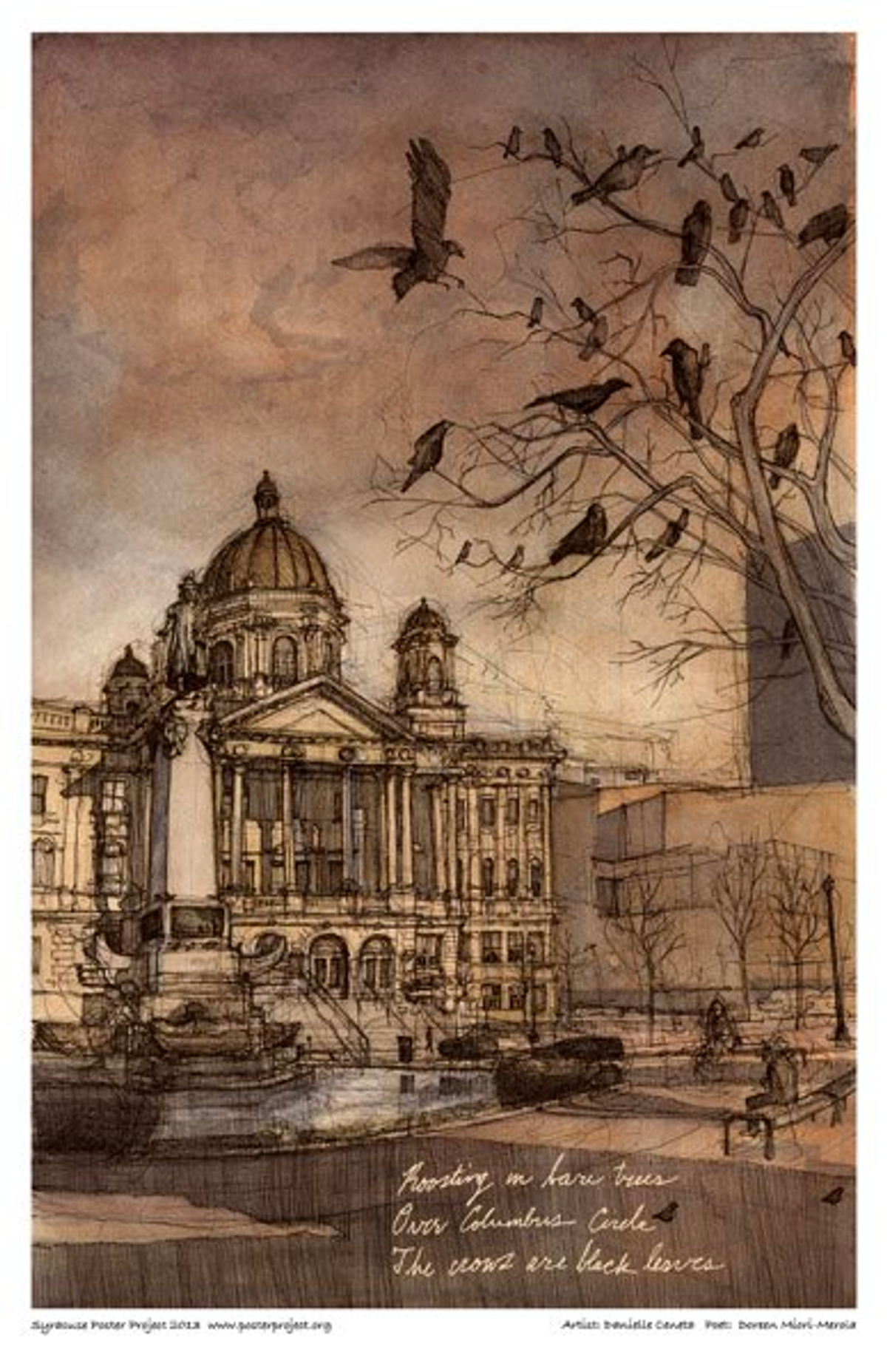 Roosting in bare trees
Over Columbus Circle
The crows are black leaves. Crows sit among the bare branches of a tree in an city park