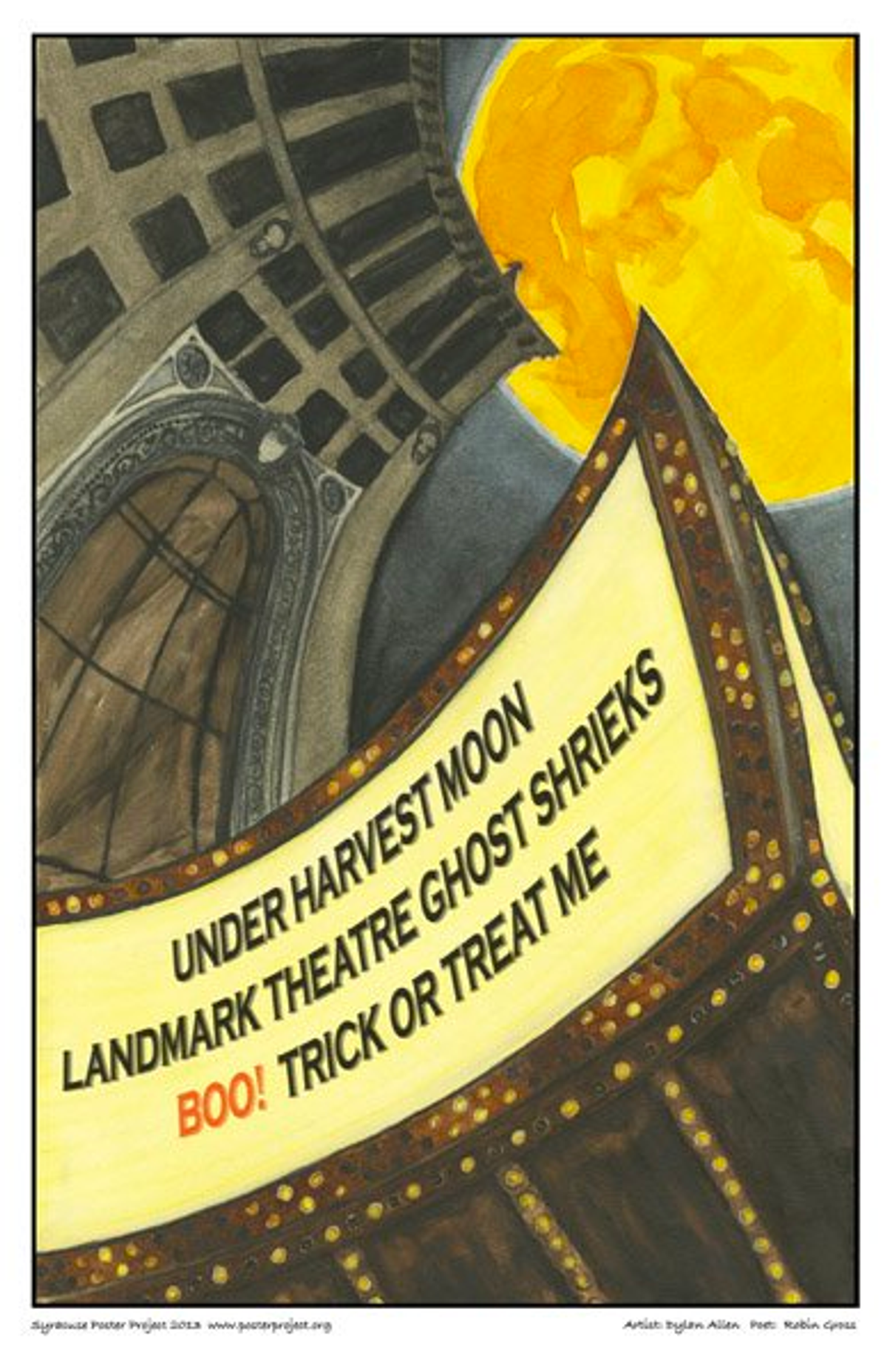 Under harvest moon
Landmark Theatre ghost shrieks
Boo! Trick or Treat me A theatre marquee with a large bright yellow moon above