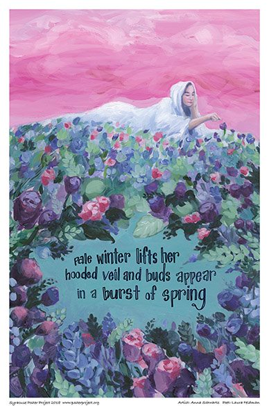 A hooded woman wearing all white lies atop a bed of spring flowers beneath a pink sky