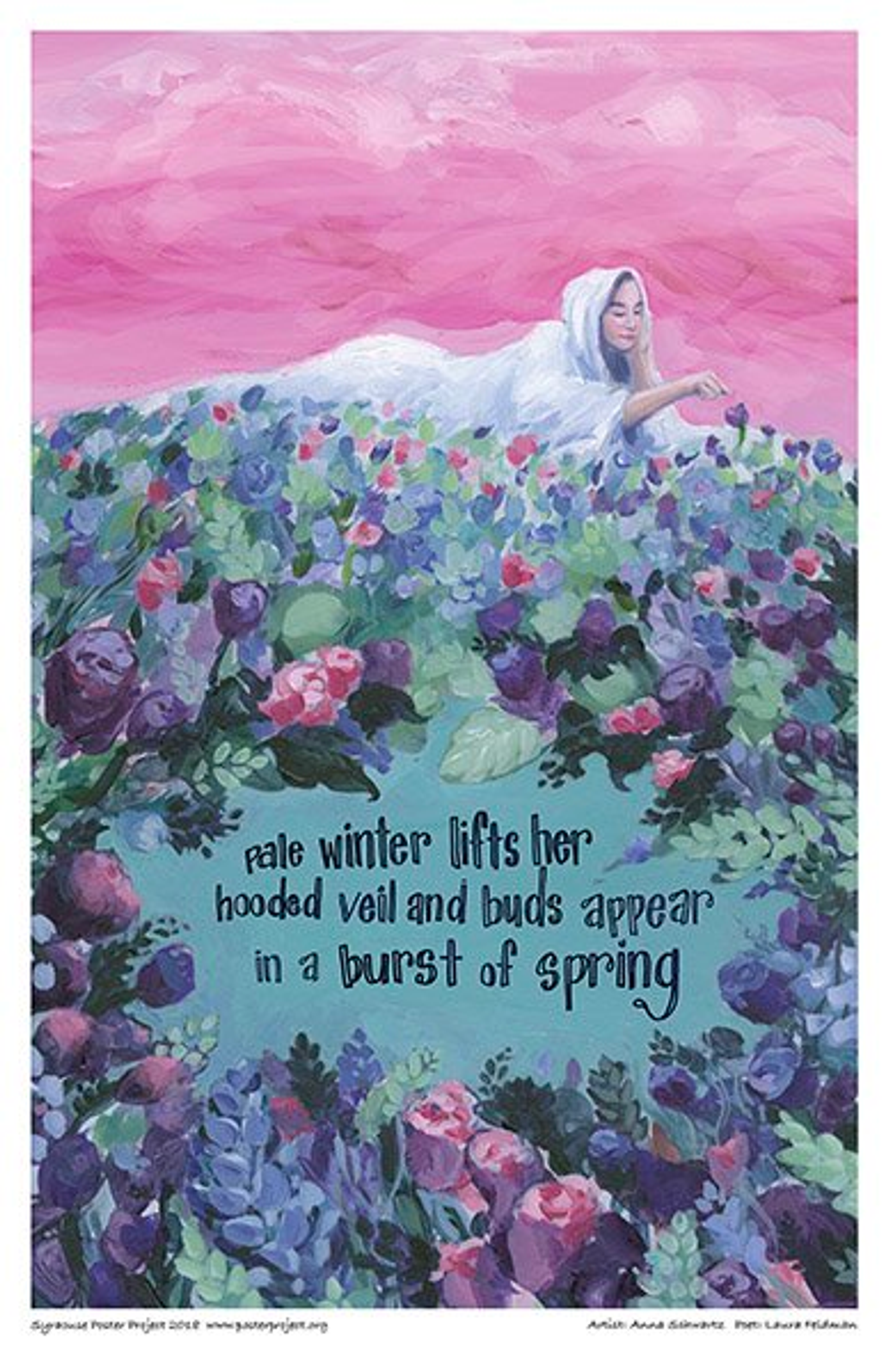 A woman lies atop a bed of spring flowers beneath a pink sky
