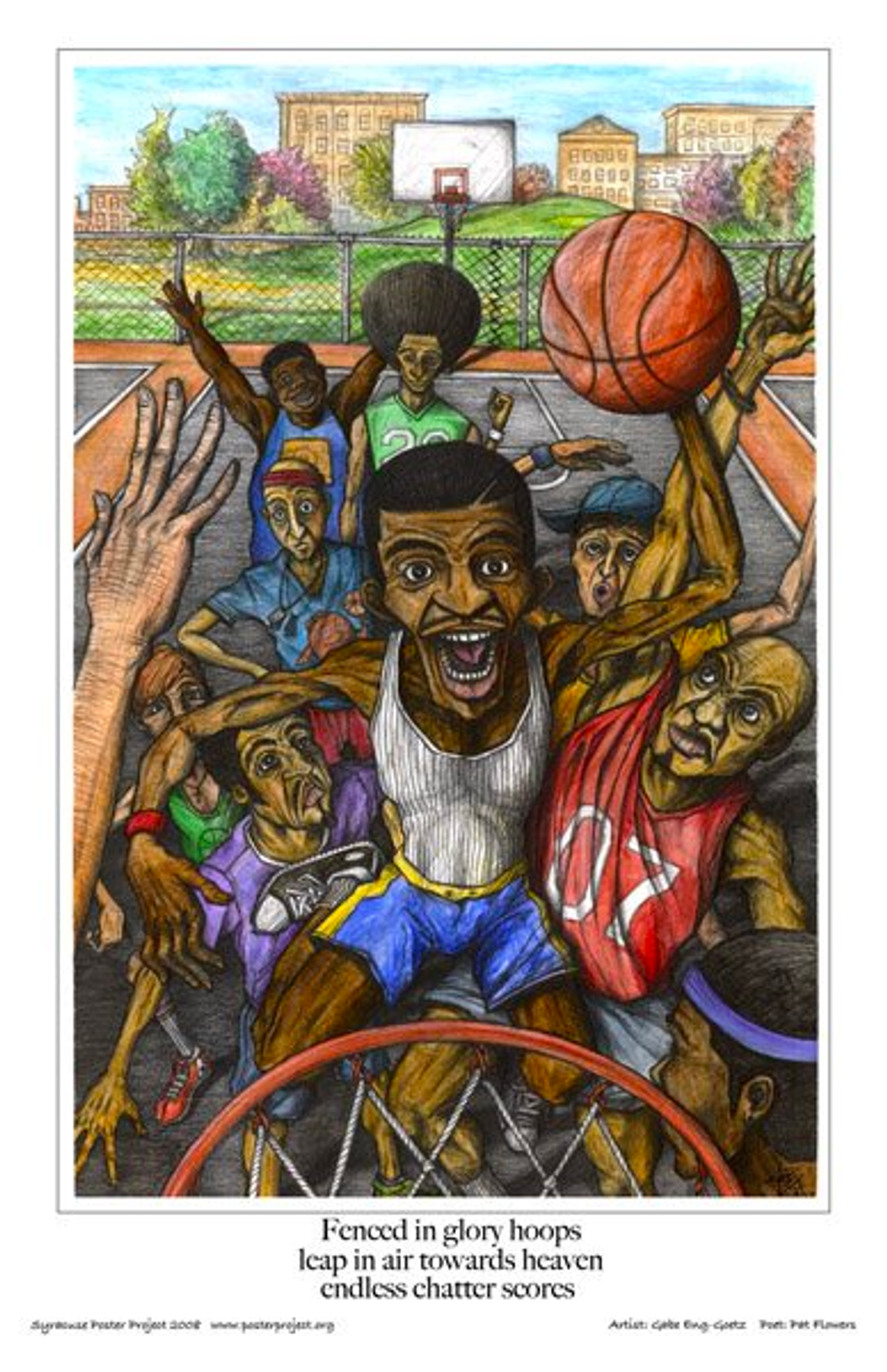 Fenced in glory hoops
leap in air toward heaven
endless chatter scores A group of men play basketball at a city court