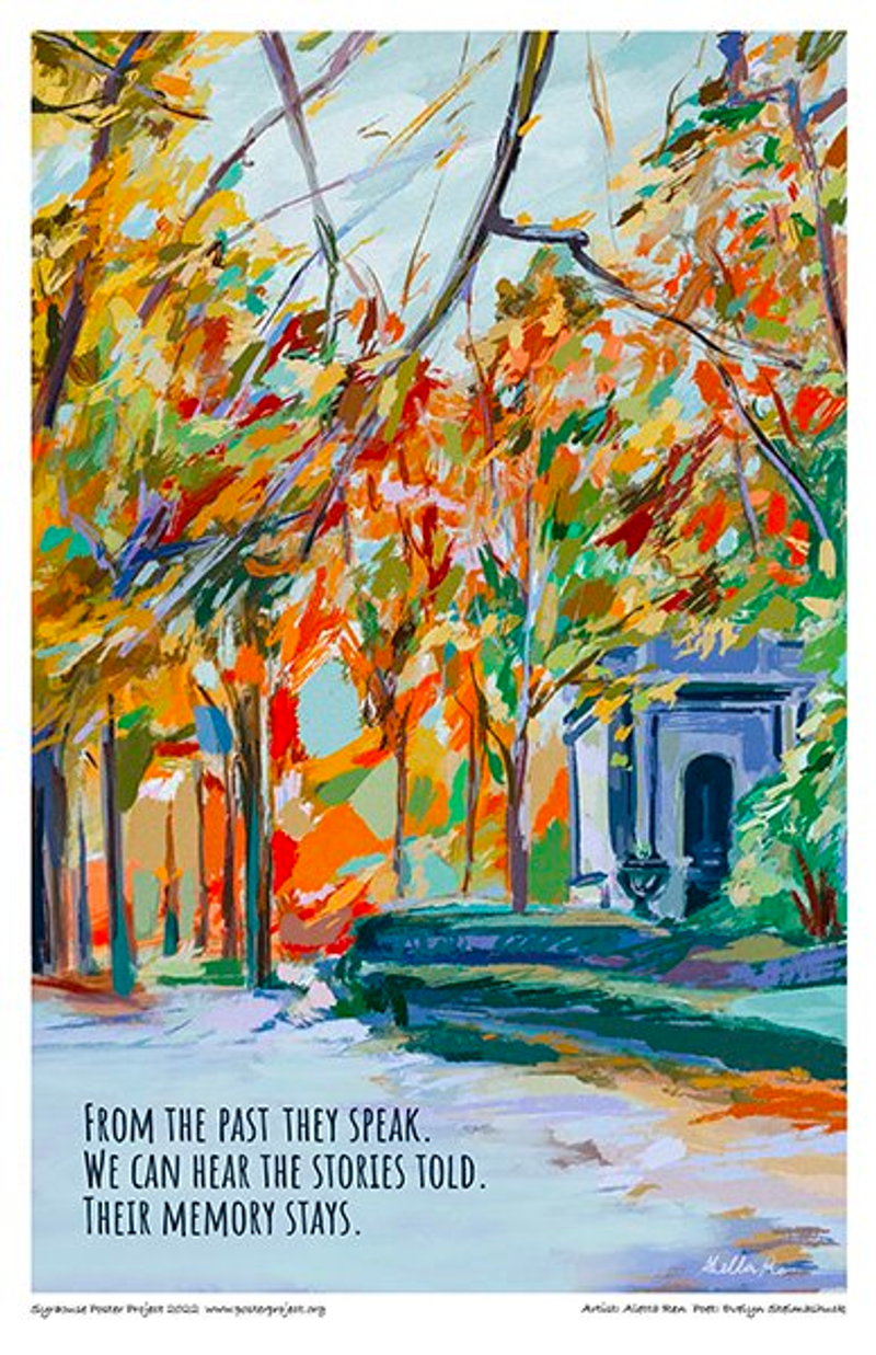 Cemetery surrounded by trees with colorful autumn leaves