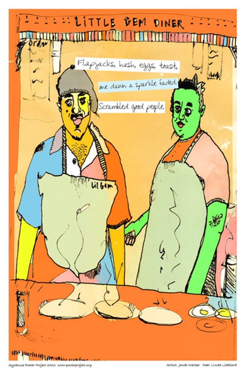 Two people in aprons cook eggs and pancakes on a stovetop