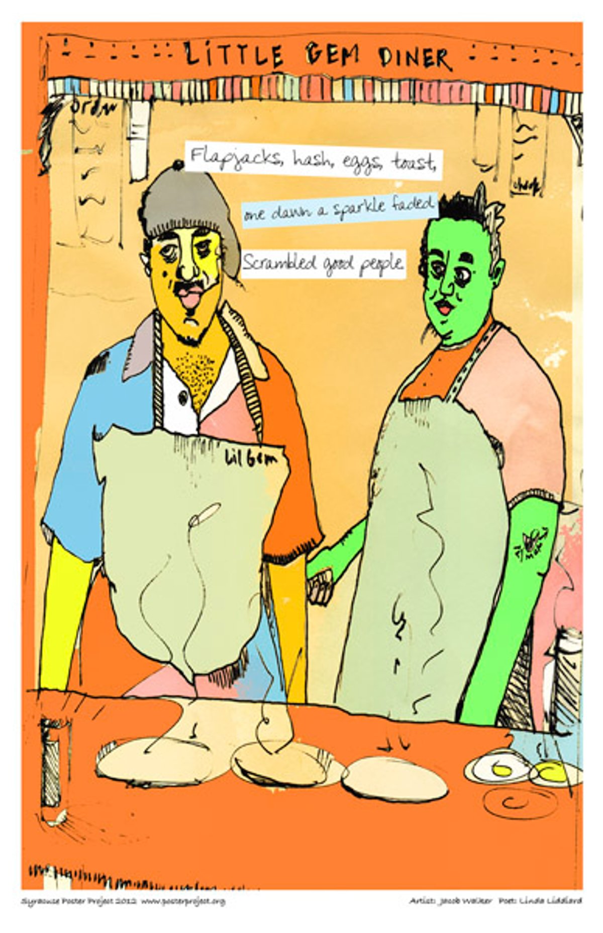 Flapjacks, hash, eggs, toast,
one dawn a sparkle faded.
Scrambled good people. Two people in aprons cook eggs and pancakes on a stovetop