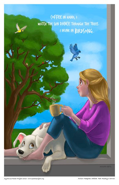 Woman sits in window sill beside a dog with a mug of coffee looking out the window