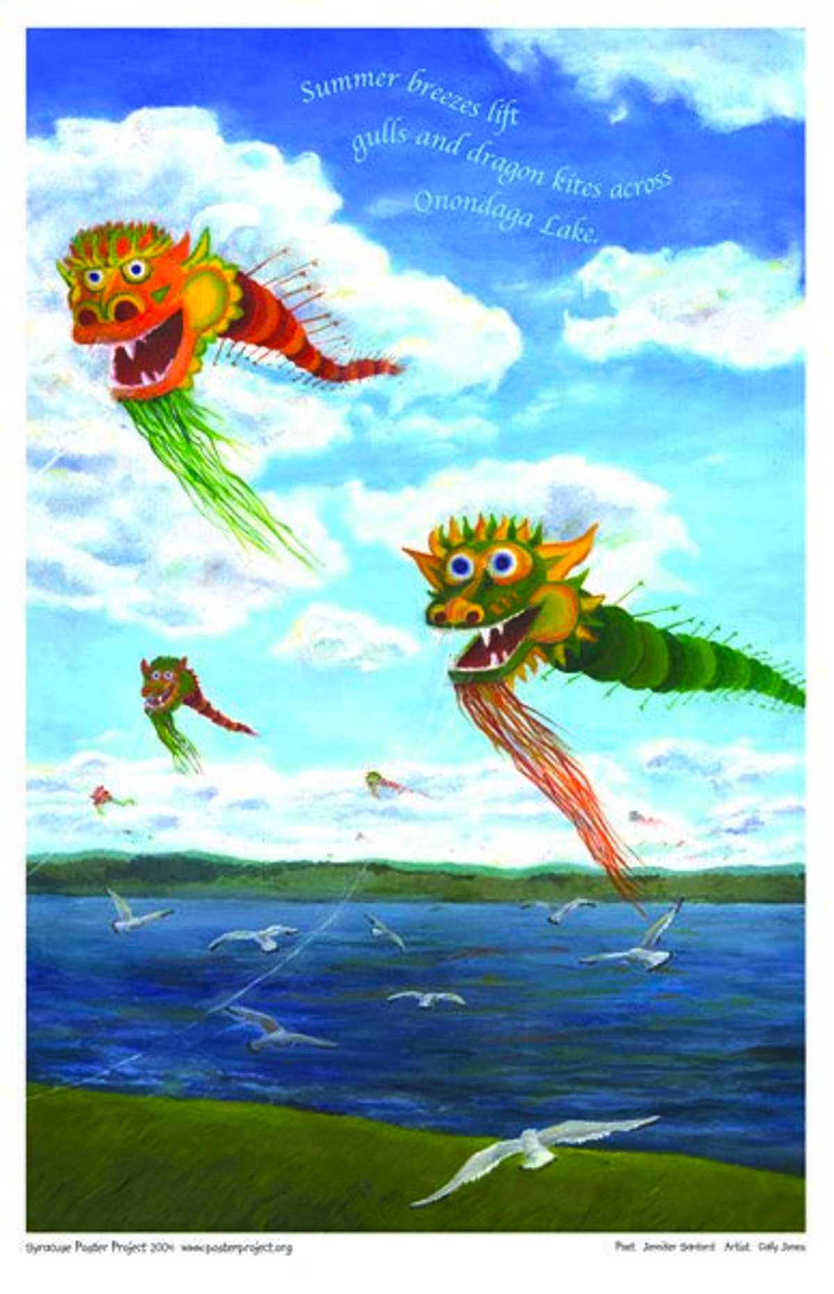 Three dragon kites fly among gulls above a lake