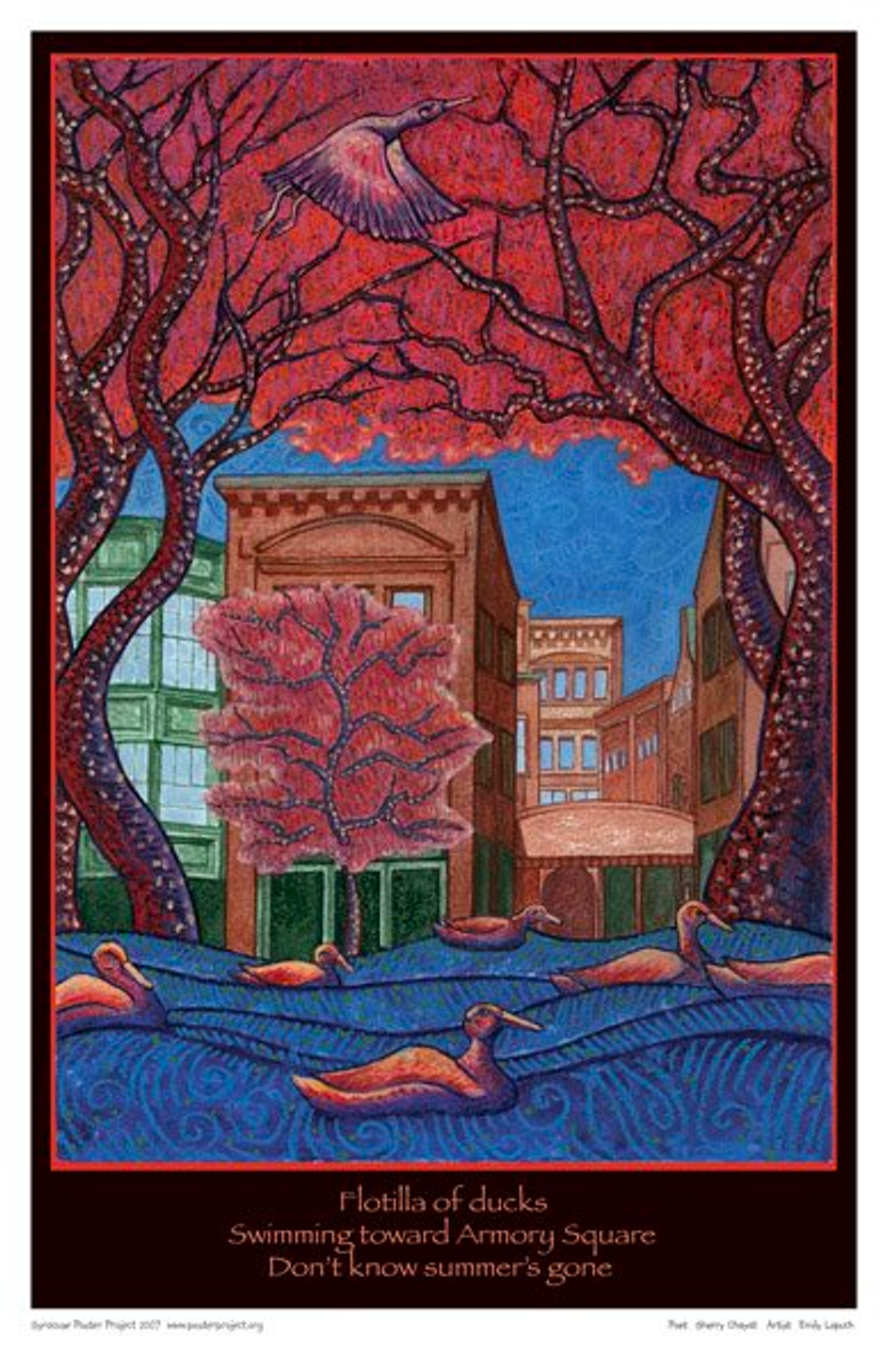 Flotilla of ducks
Swimming toward Armory Square
Don't know summer's gone Ducks float on the water past nearby city buildings