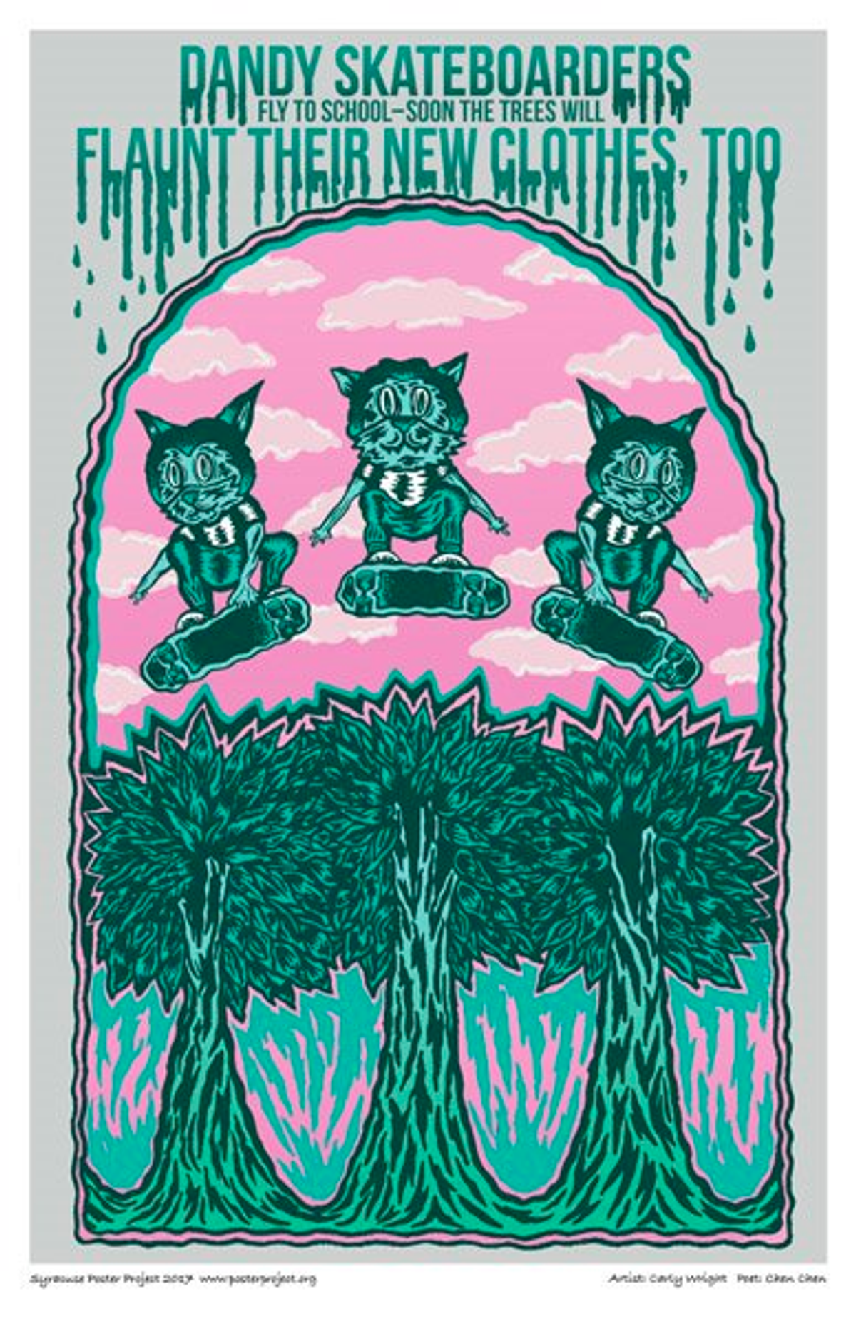 Dandy skateboarders
fly to school—soon the trees will
flaunt their new clothes, too. Three skateboarders over three treetops against a pink sky