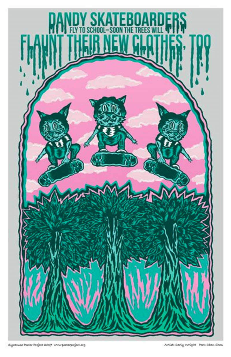 Three skateboarders over three treetops against a pink sky