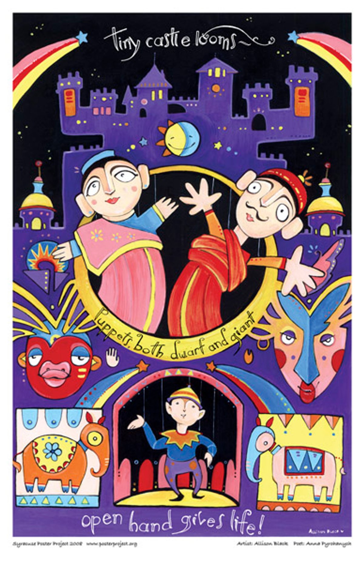 Tiny Castle looms —
Puppets, both dwarf and giant
Open Hand gives life! Tiny Castle Looms