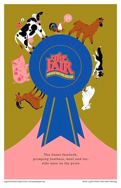 A blue first prize ribbon surrounded by a goat, a pig, a cow, a rooster, a llama, a dog, and a sheep.