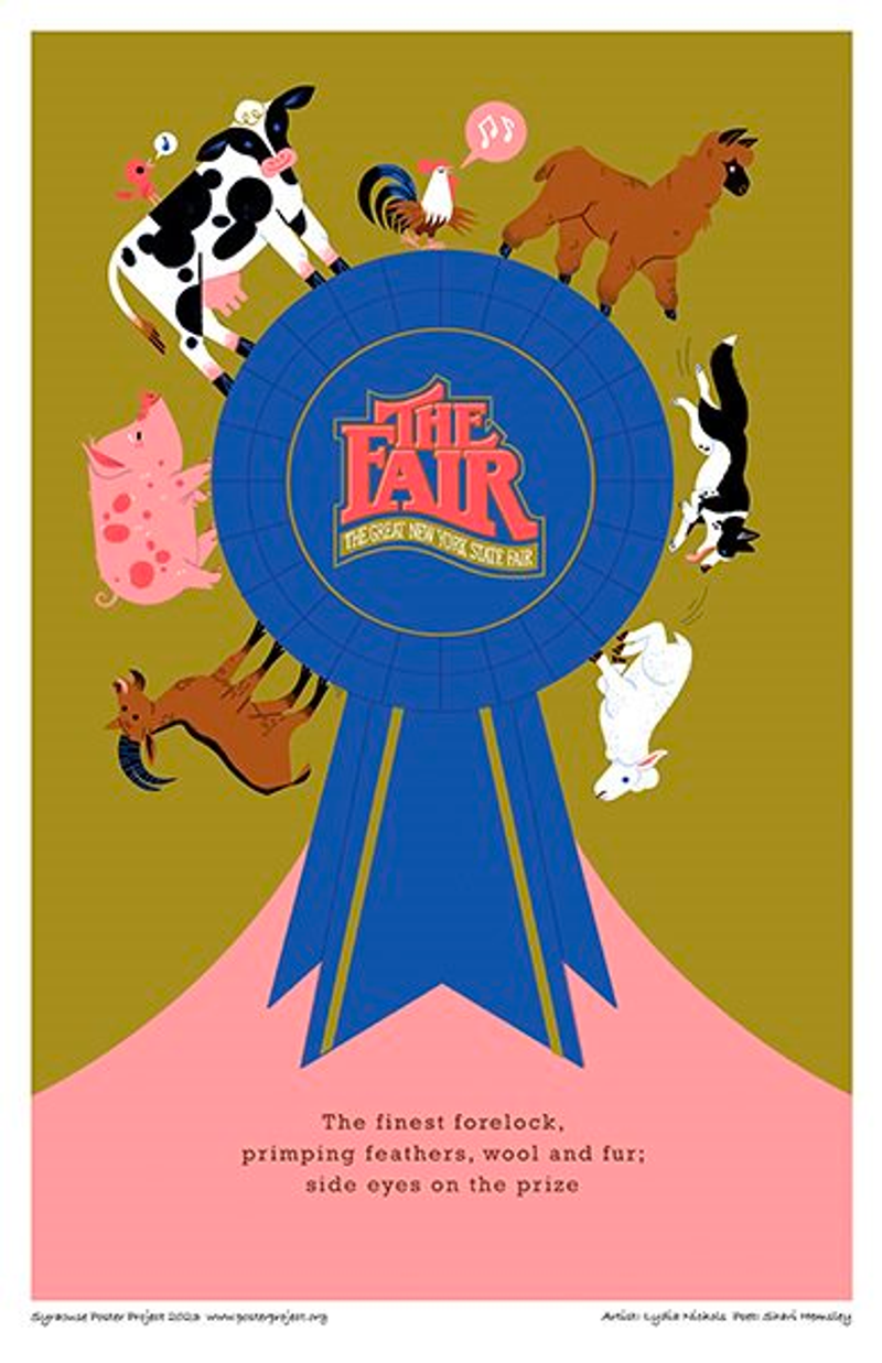 A blue first prize ribbon surrounded by farm animals