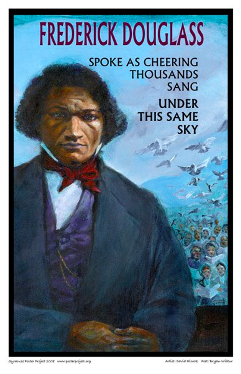 Frederick Douglas in a sitting pose with soaring birds and a crowd singing behind him