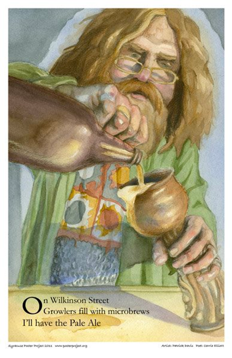 A man in long hair and glasses pours beer into a growler