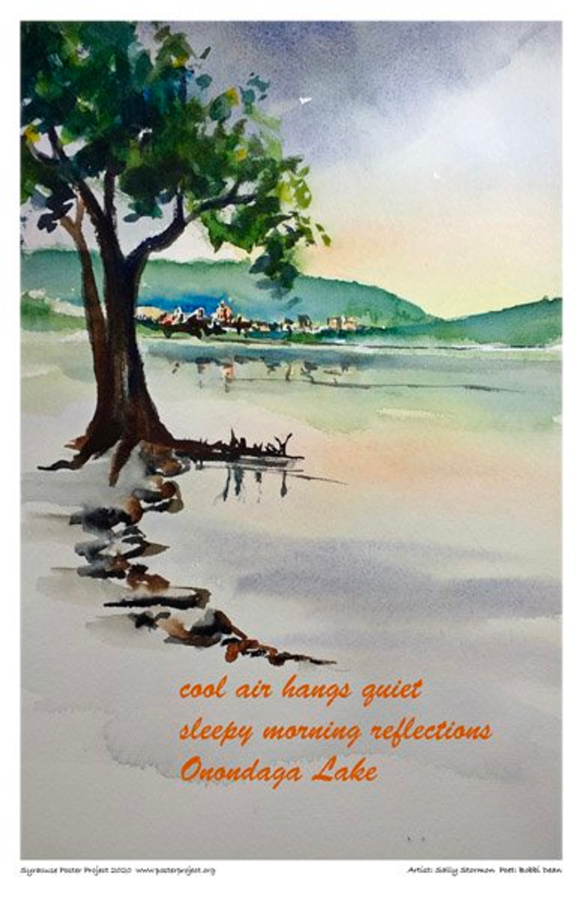 Lakeside tree depicted in a quiet morning, in watercolor