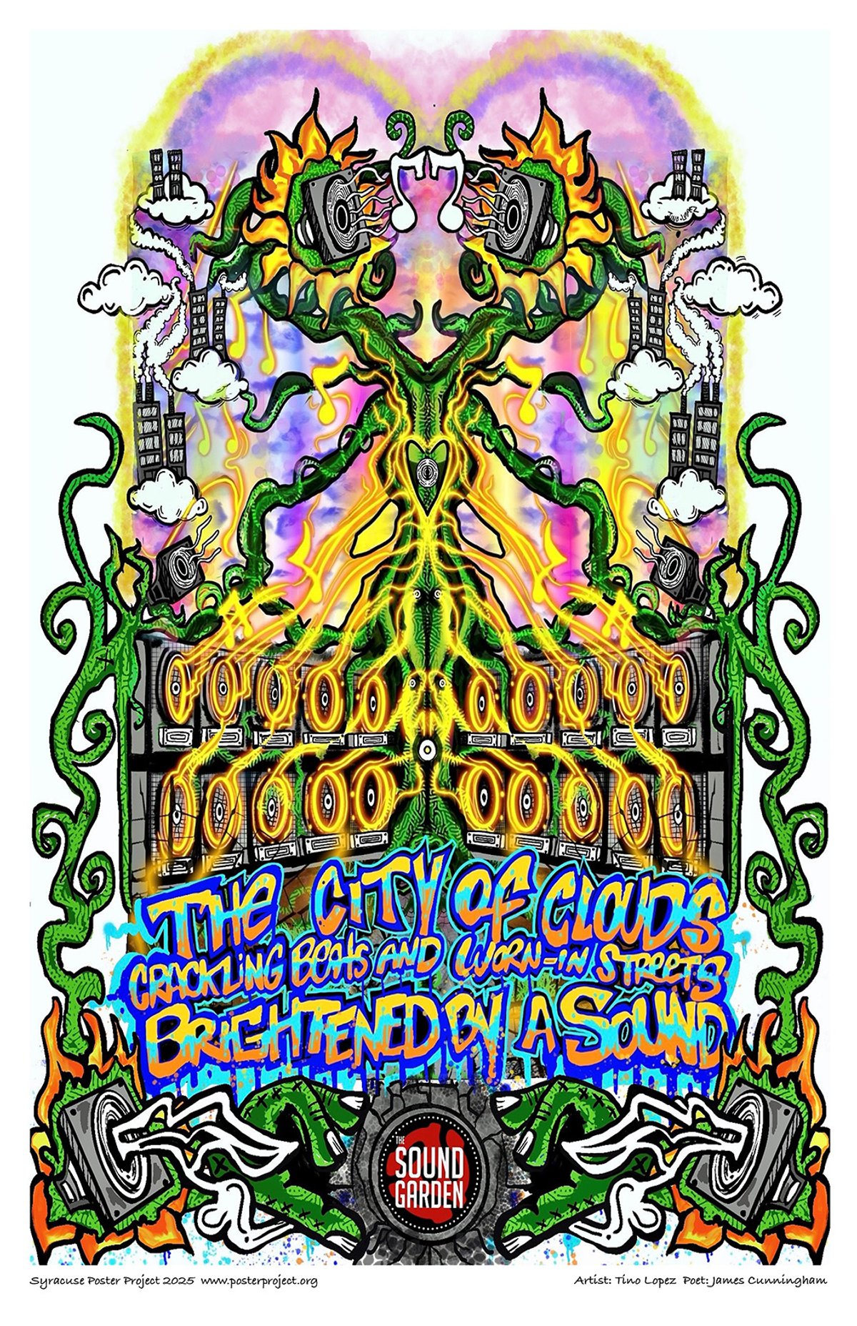 The city of clouds
crackling beats and worn-in streets
Brightened by a sound. Vine-like plants and energized music speakers representing The Sound Garden music store.