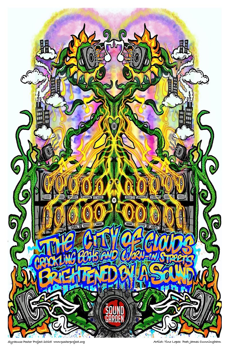 Vine-like plants and energized music speakers representing The Sound Garden music store.