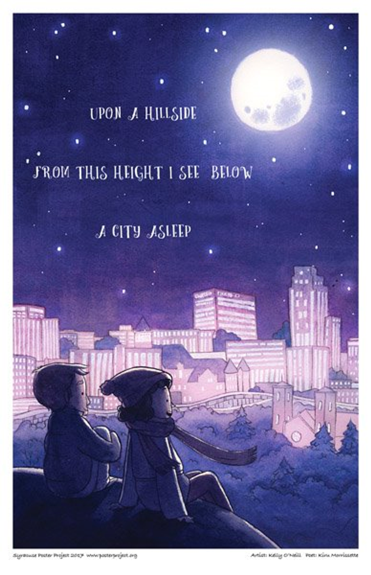 Two children sit atop a hill and admire a cityscape under a moonlit sky