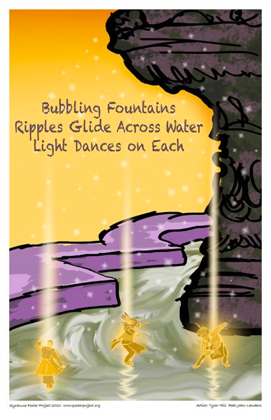 Three small yellow Haudenosaunee dancers are depicted as if appearing from rays of light atop the surface of the water in a fountain