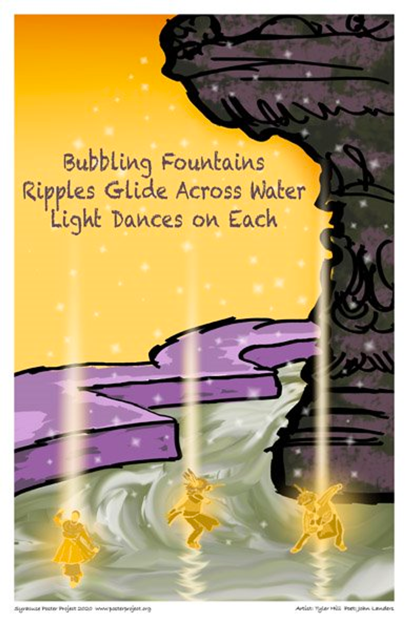 Three small yellow Haudenosaunee dancers are depicted as if appearing from rays of light atop the surface of the water in a fountain