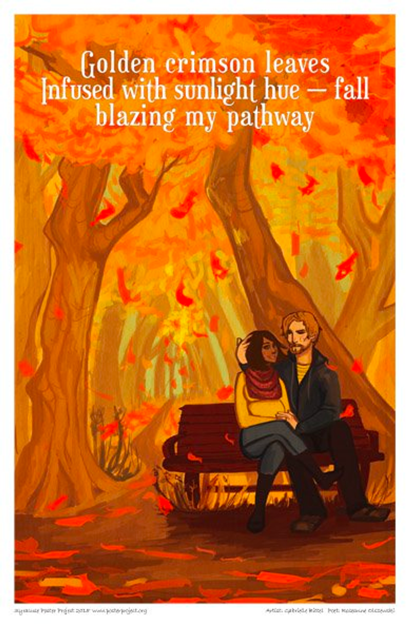 A couple sits on a bench as trees shed autumn leaves around them
