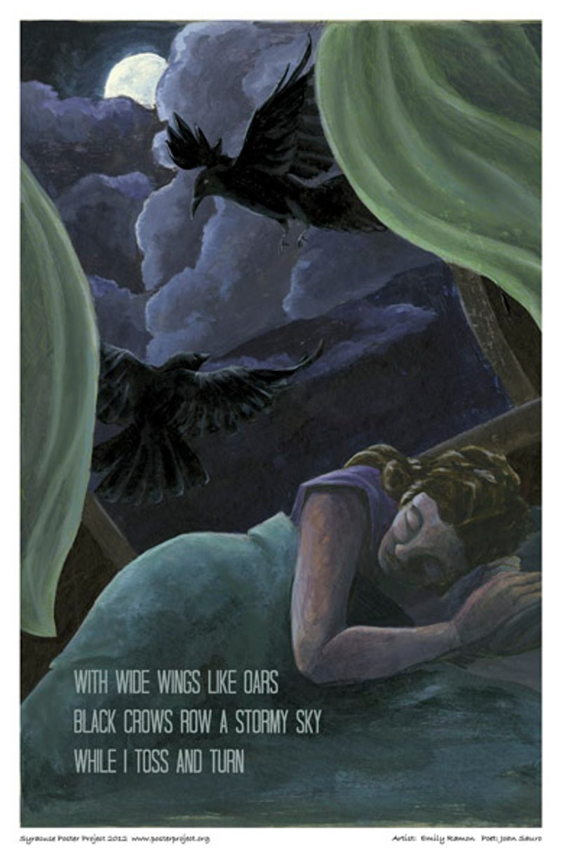 A woman in bed sleeps beside an open window with two crows flying outside