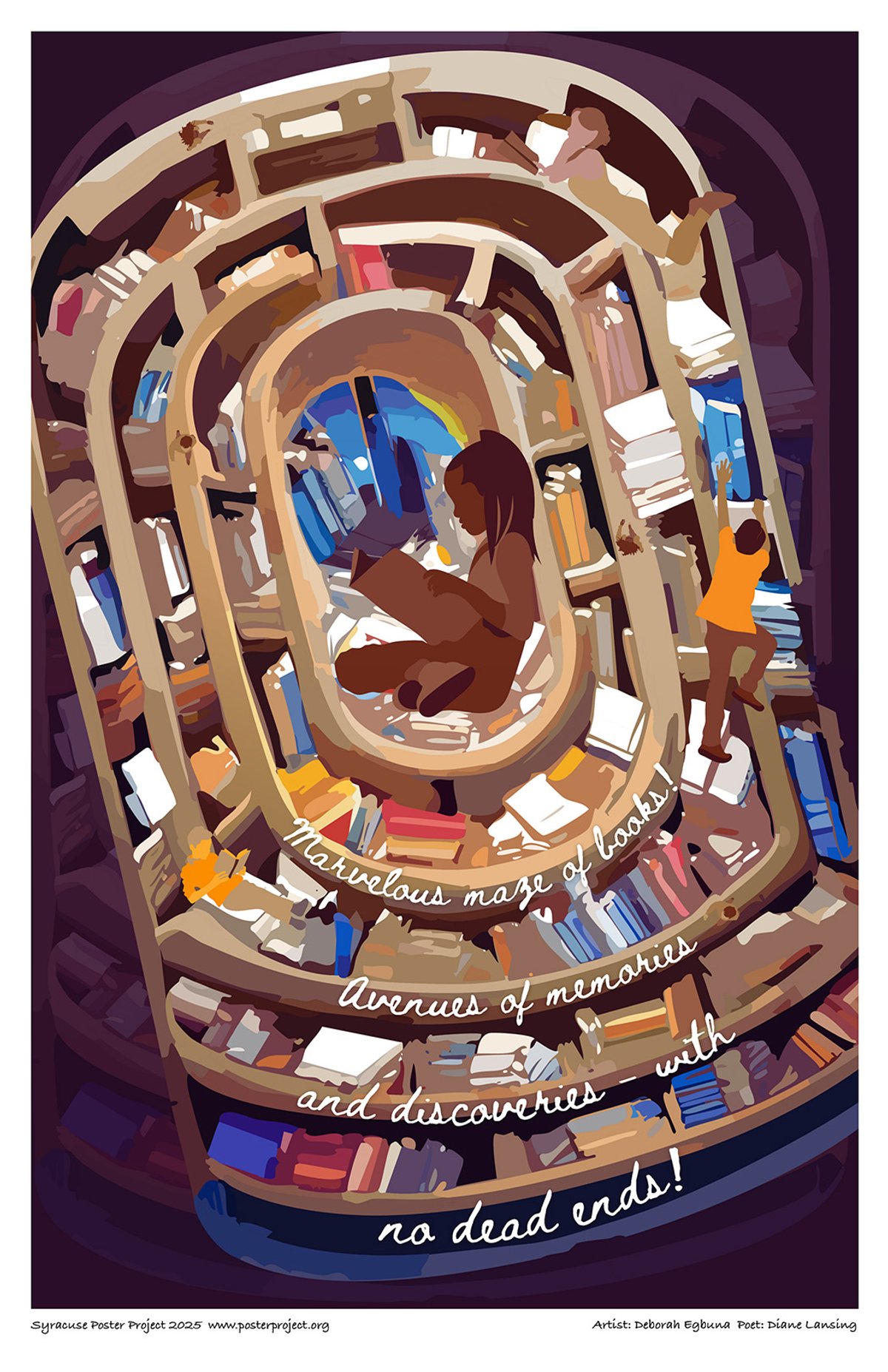 A maze of books with a young girl at the center, reading.