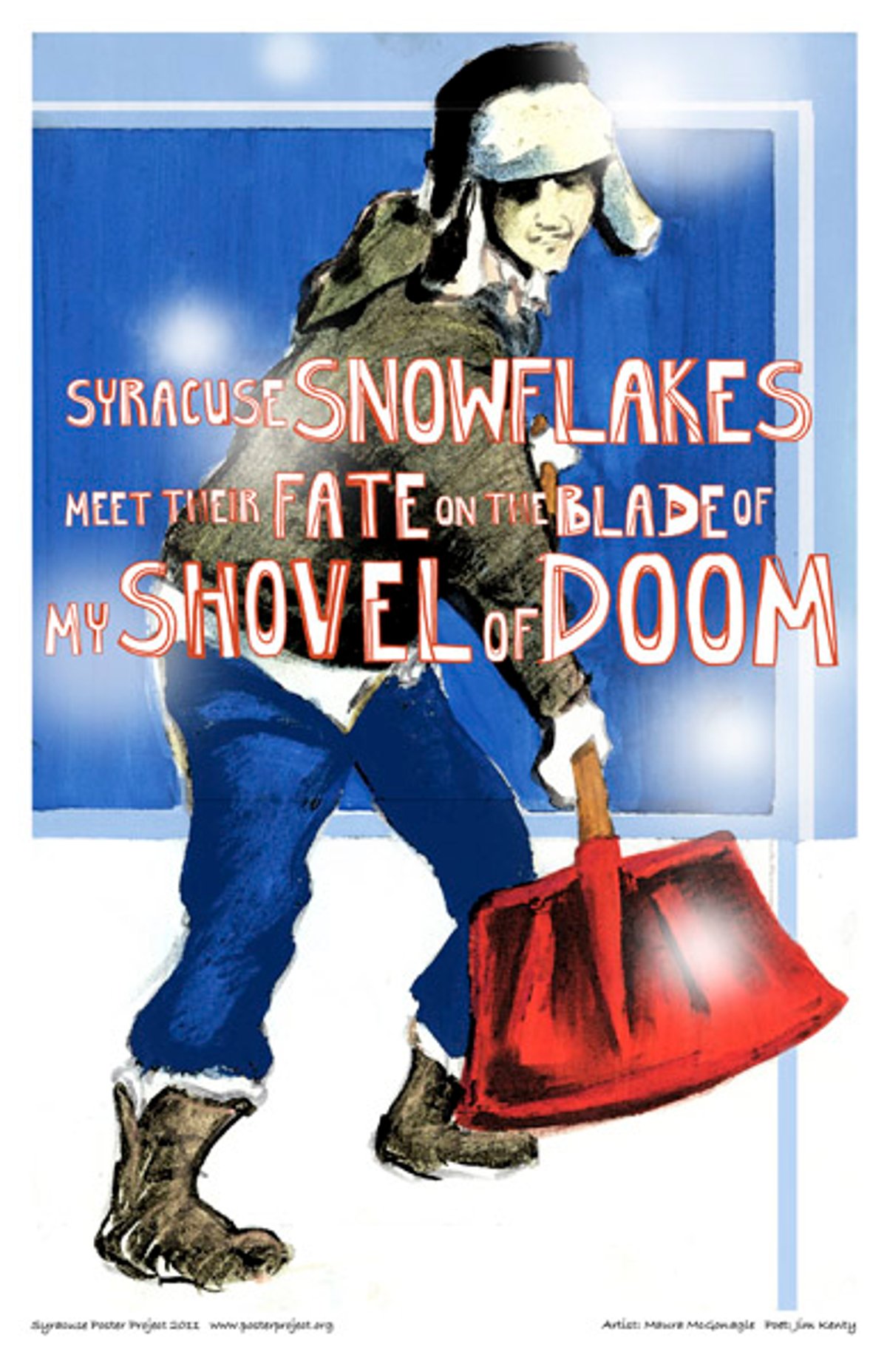A person in winter clothing aims their shovel at an unseen snow pile