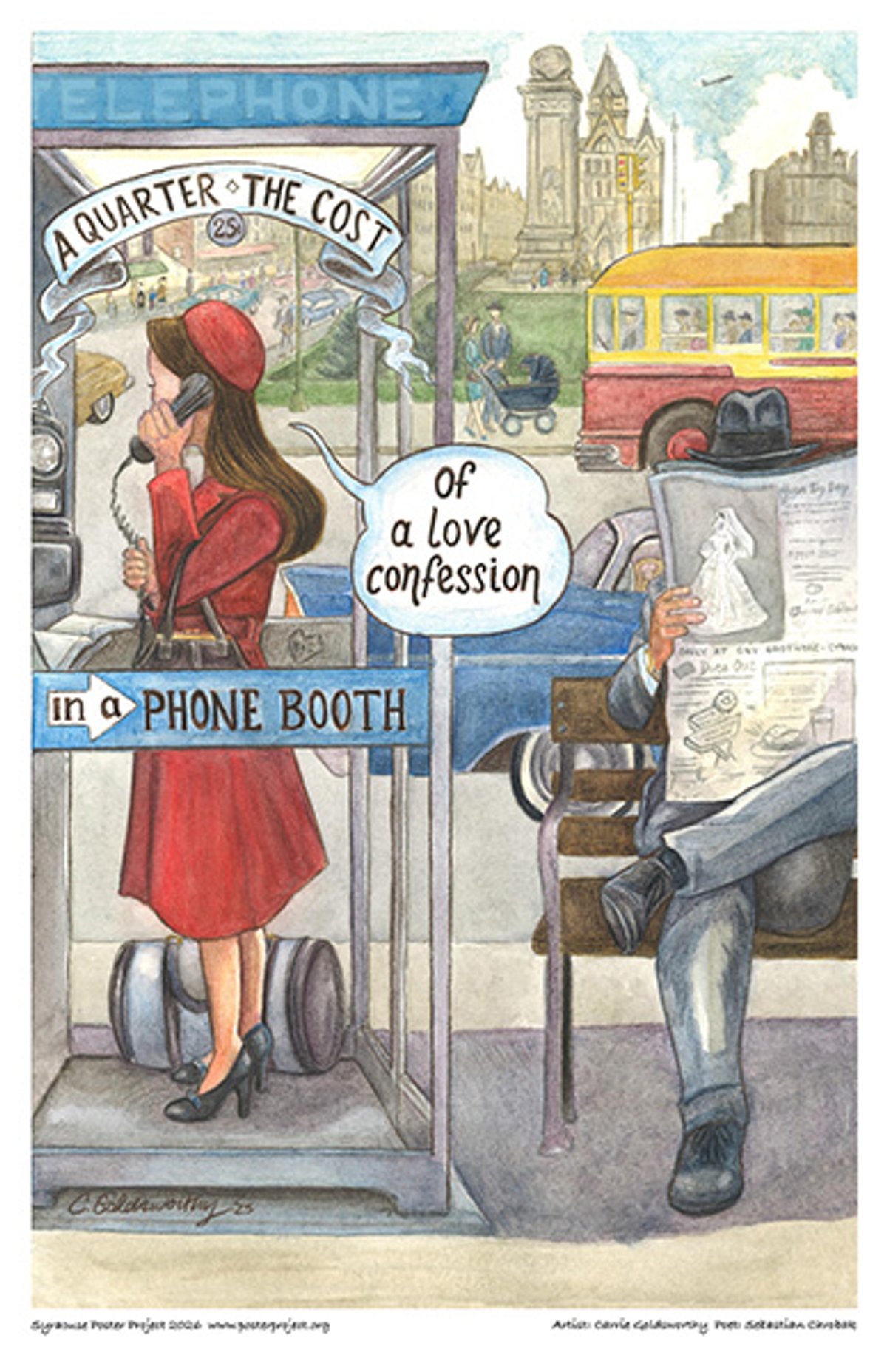 A quarter
the cost of a love confession
in a phone booth Illustration of a young woman using a phonebooth