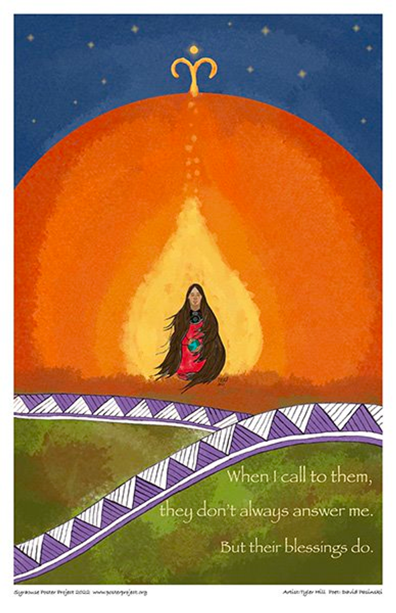 Haudenosaunee woman standing on a hill in front of a setting sun
