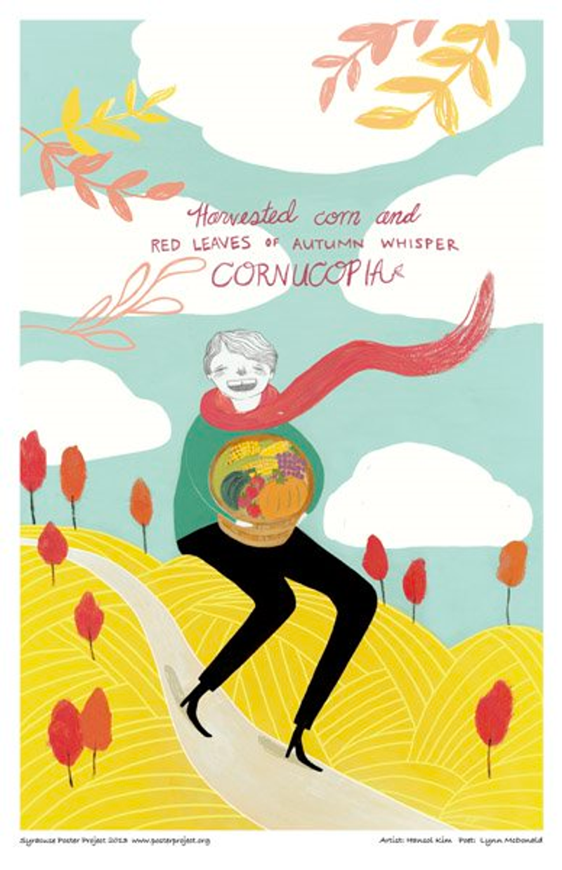 A woman carries a cornucopia filled with autumn vegetables 