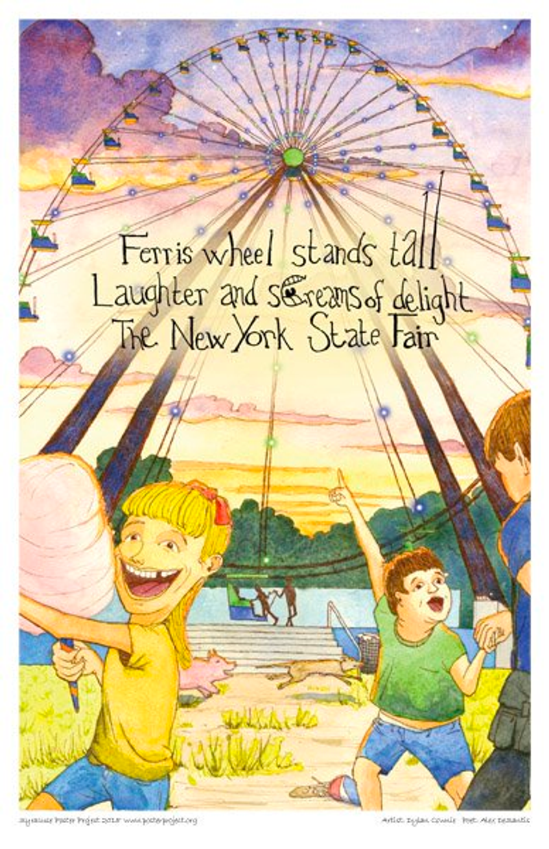 A smiling girl holds cotton candy and a nearby boy points to a large ferris wheel