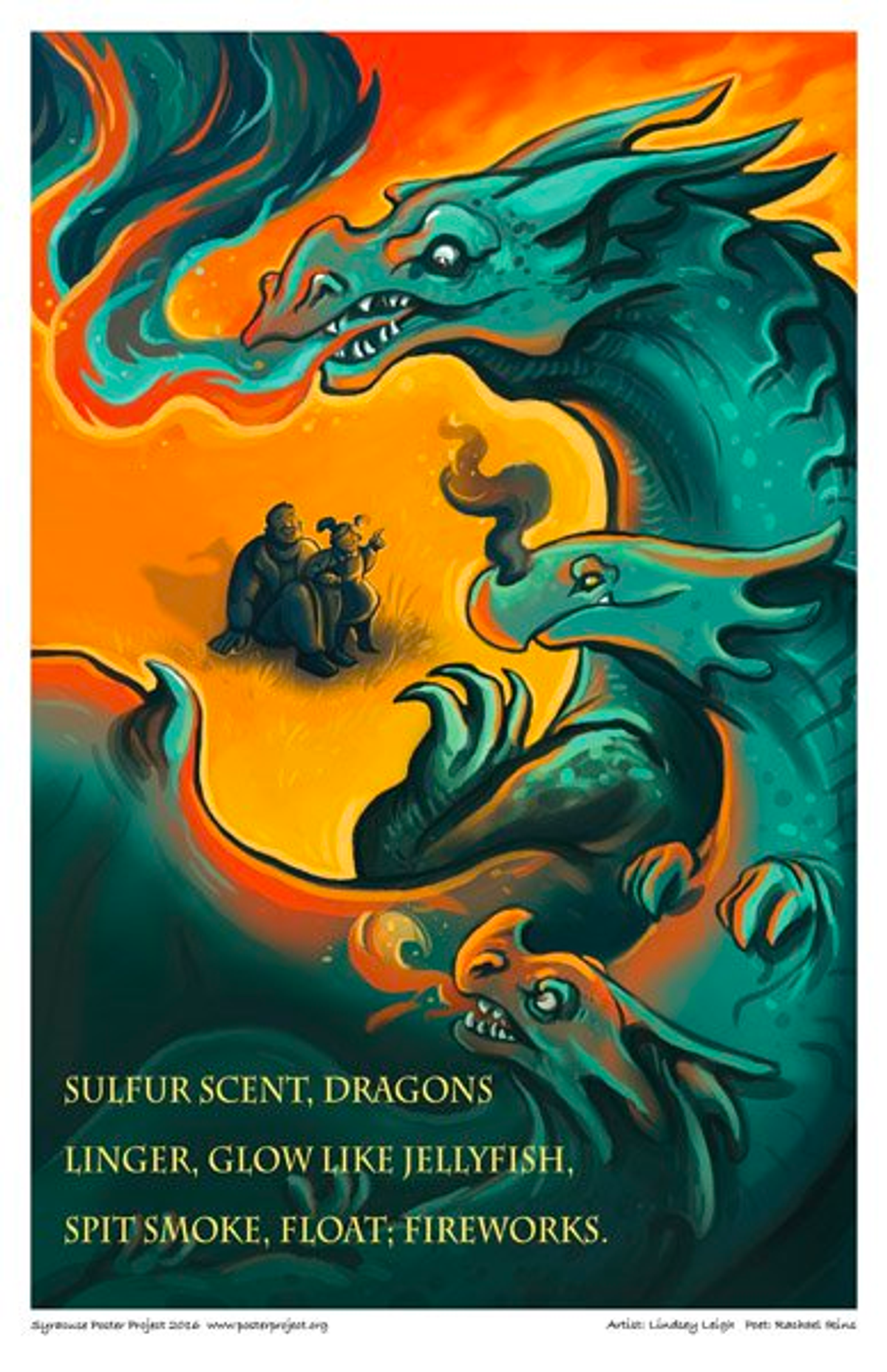 Three smiling dragons look down at an adult and child onlookers admiring them from the ground