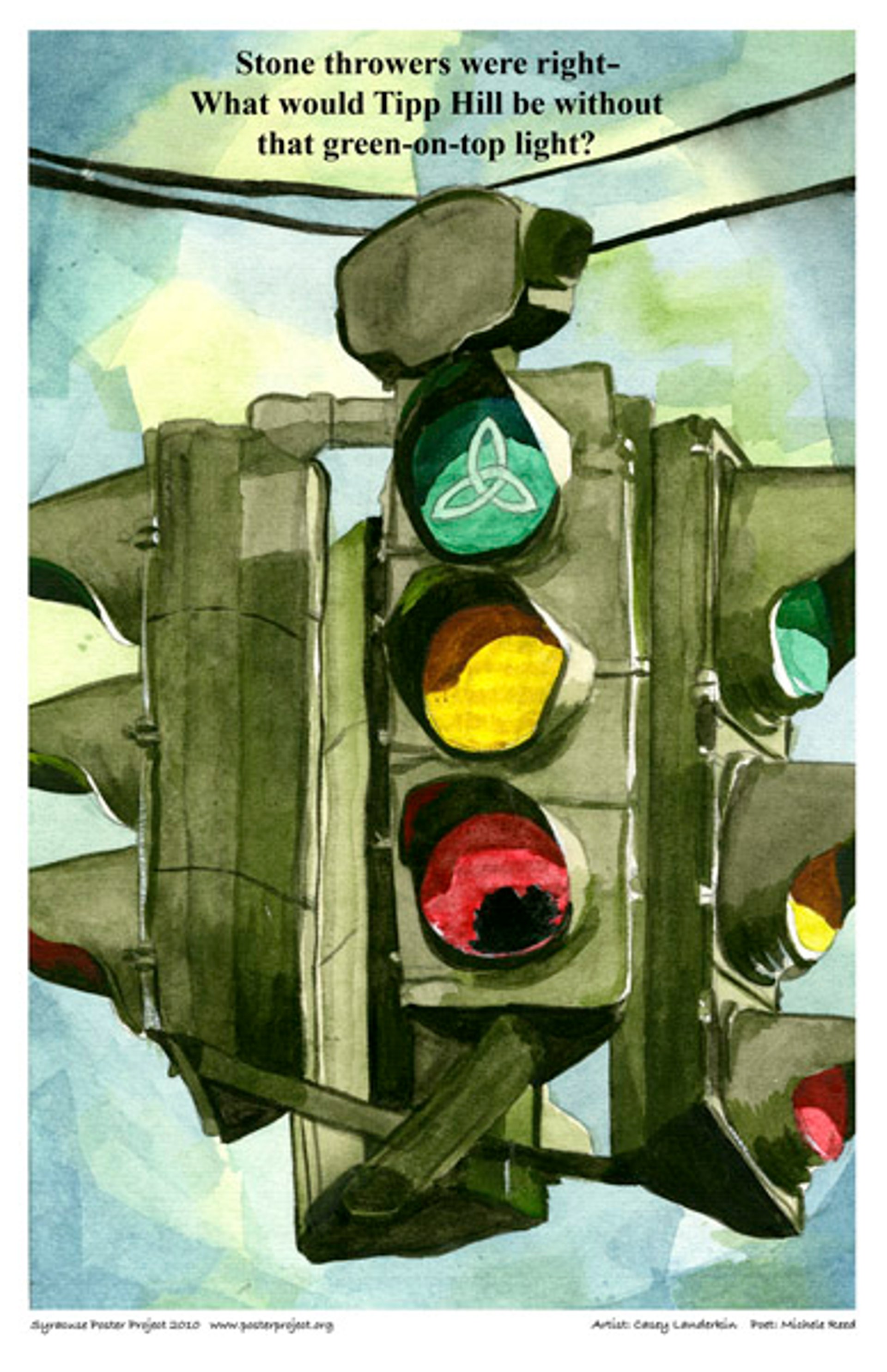 A traffic light with green on top, red on bottom, and a trinity symbol in the green light