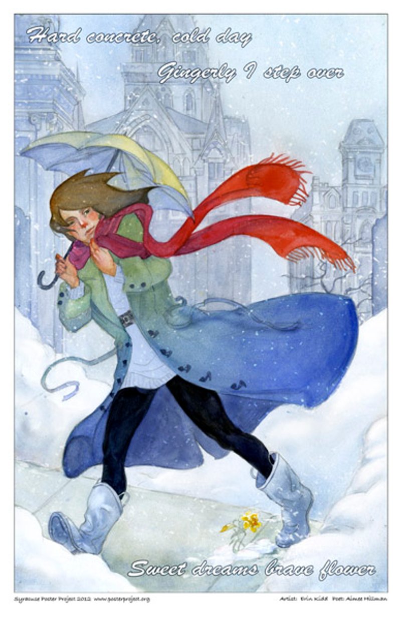 A woman walks through a windy winter day and steps over a small flower growing through the sidewalk