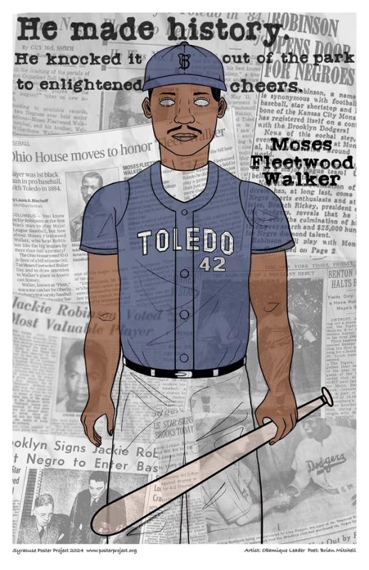 Illustration of Moses Fleetwood Walker superimposed on historic newspapers