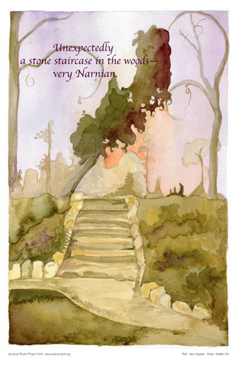 A stone staircases leading up to a sparse woods