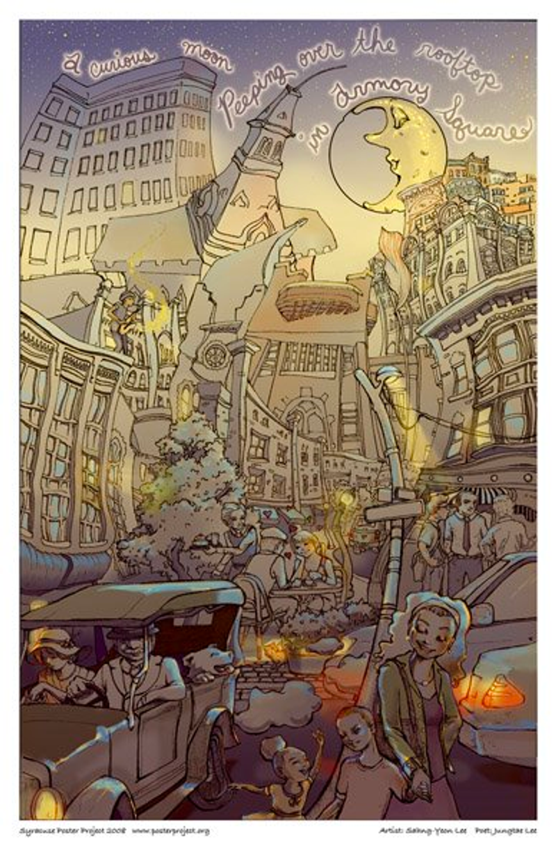 A crescent moon looks down at a busy and congested city scene