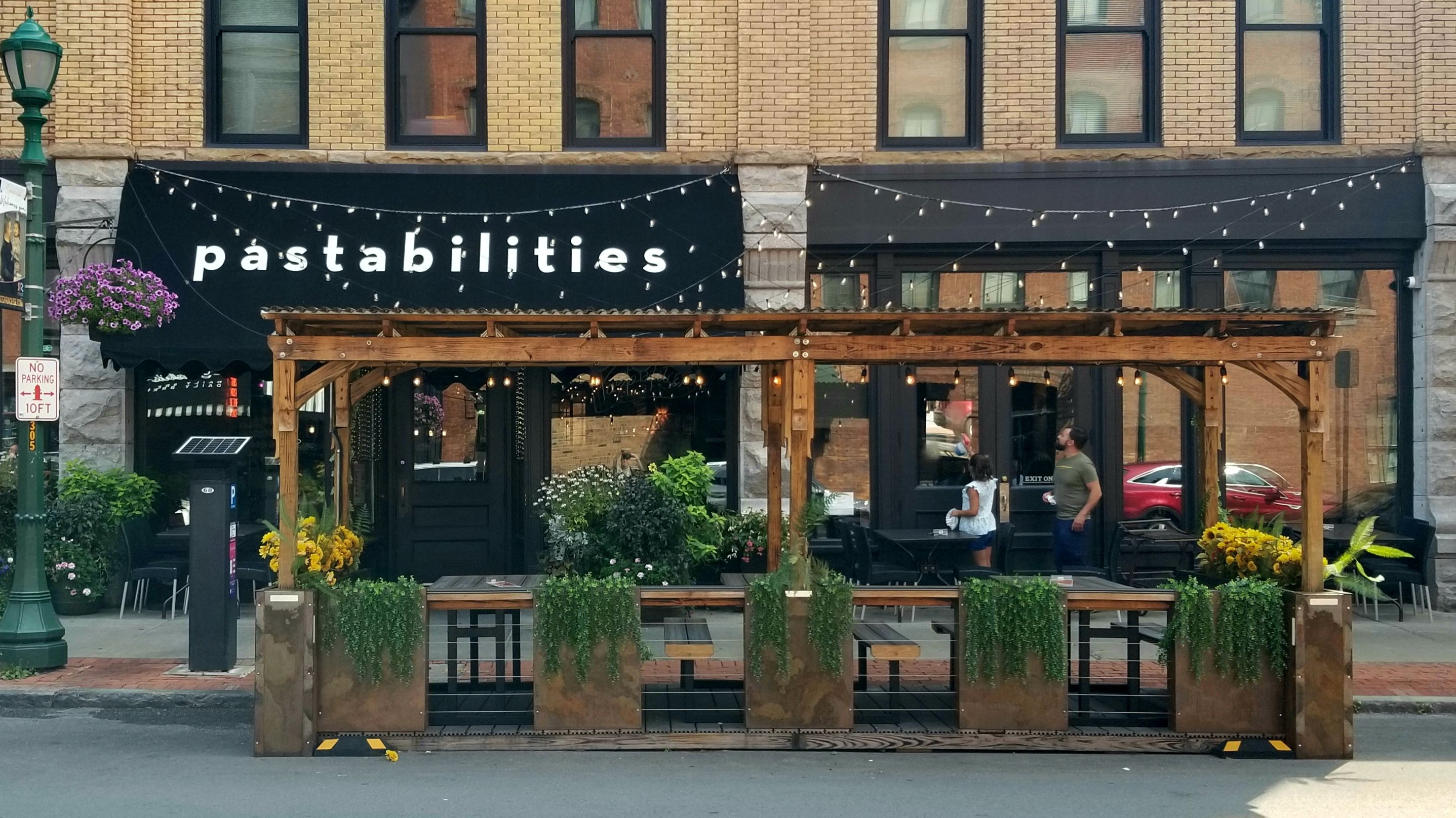 The building facade and outdoor dining shelter at Pastabilities Restaurant