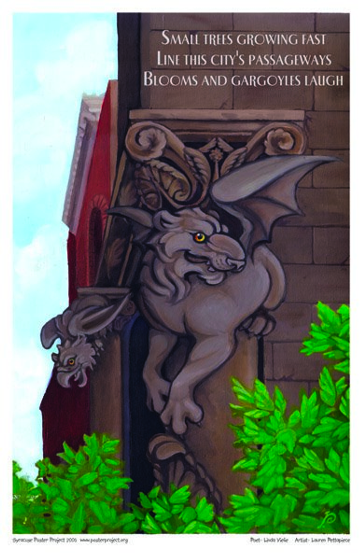 Two gargoyle statues on a building above the top branches of young trees