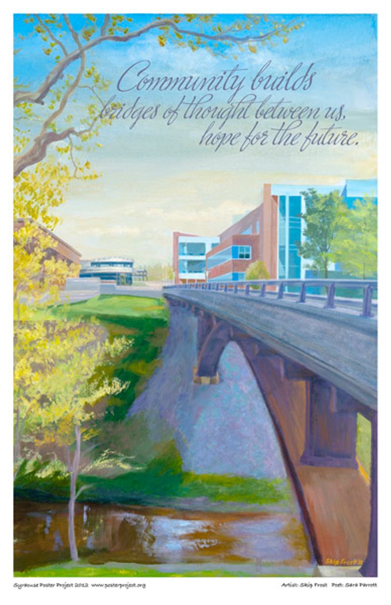 A bridge over a stream cuts through a college campus