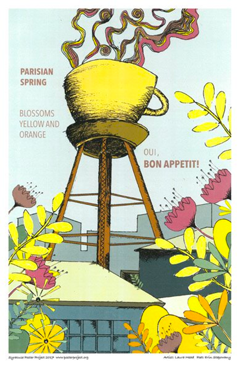 A yellow coffee mug with steam rising from its top sits atop a tower above city rooftops and spring flowers