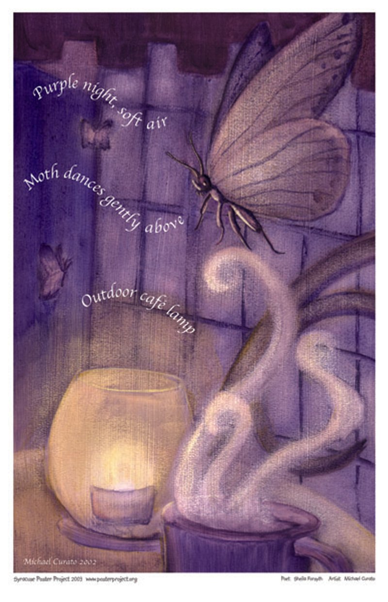 A moth hovers over a small candle and a mug of hot coffee