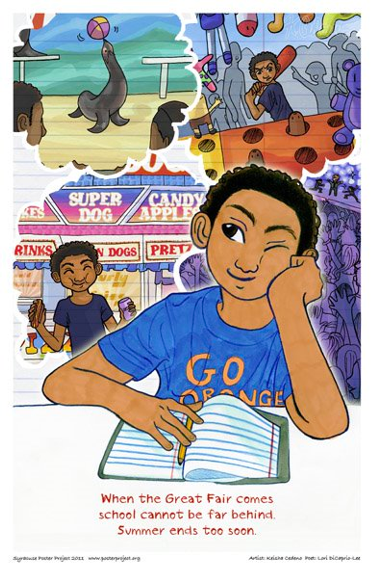 A boy sits over a notebook with images of the local fair bubbled above his head: a seal with a ball, the boy playing whack-a-mole, the boy holding a hotdog