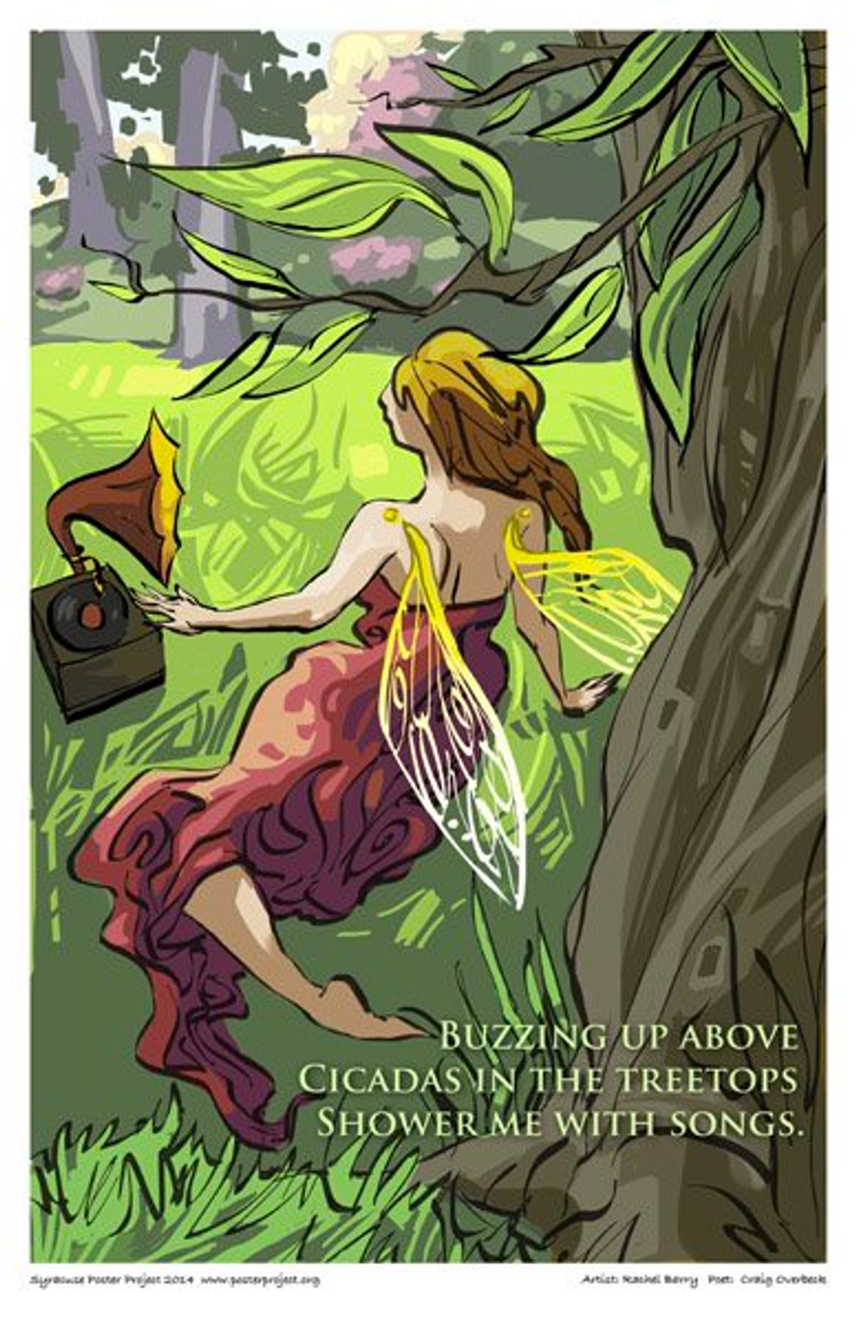 Buzzing up above
Cicadas in the treetops
Shower me with songs. A woman with wings on her back sits beneath a tree next to a gramophone