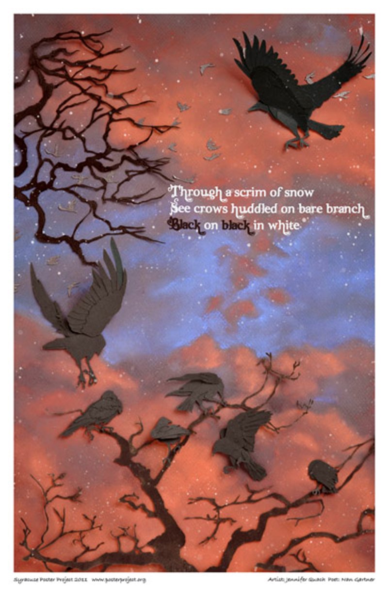 Crows fly around and land on bare tree branches beneath reddened clouds and falling snow