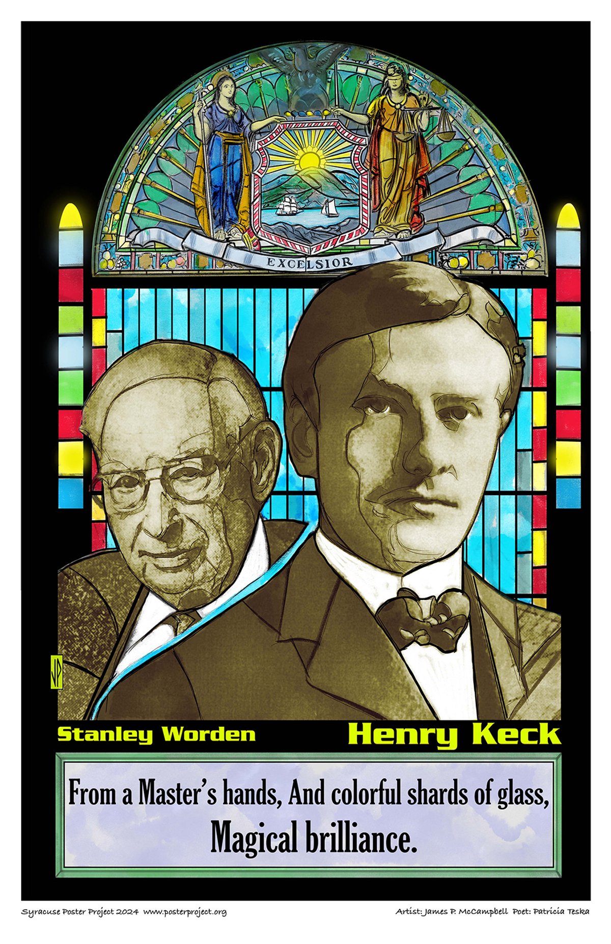 From a Master's hands,
And colorful shards of glass,
Magical brilliance. Henry Keck and Stanley Worden in front of stained glass window