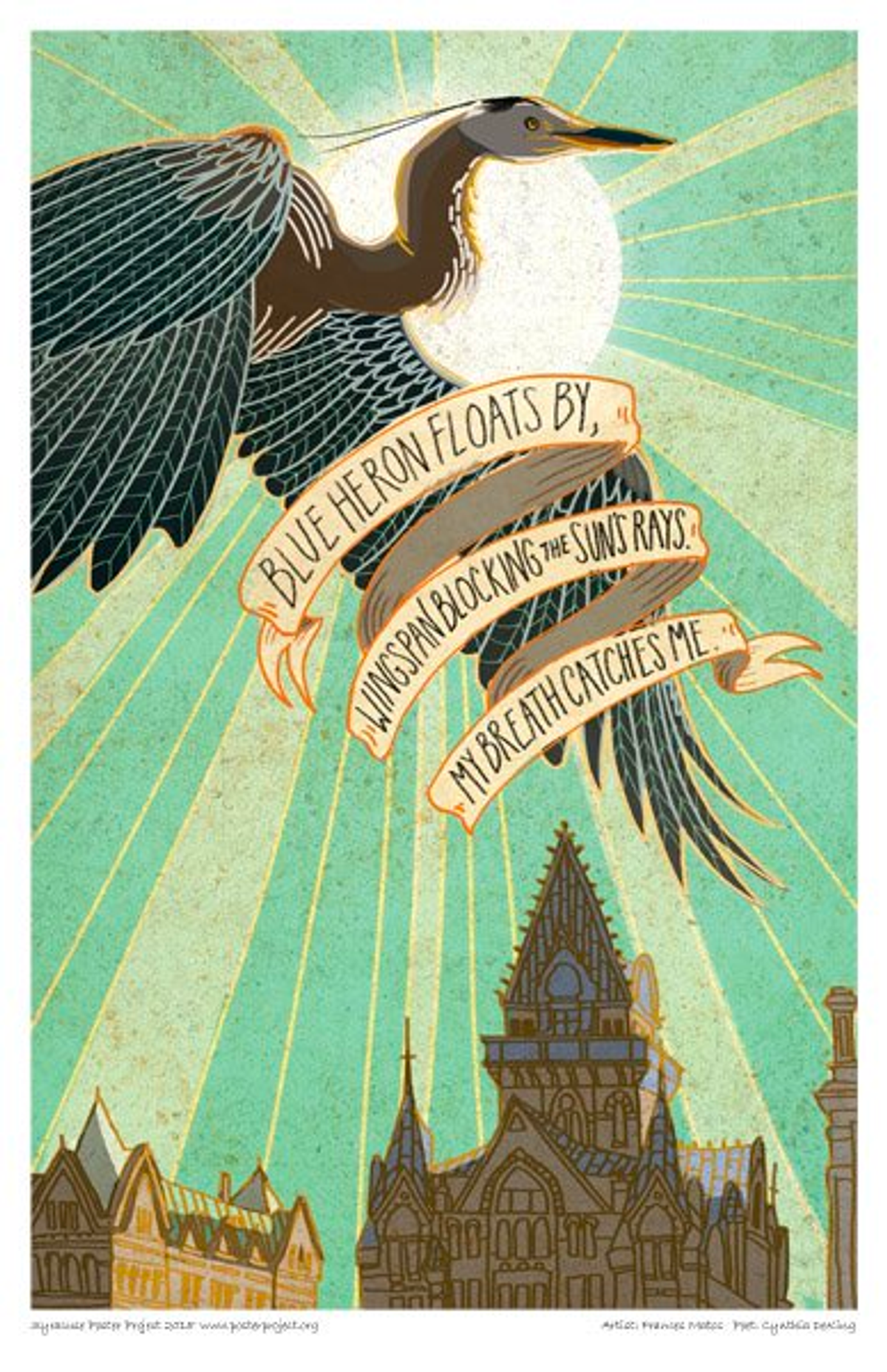 Blue heron floats by,
wingspan blocking the sun's rays.
My breath catches me. A heron flies above city buildings