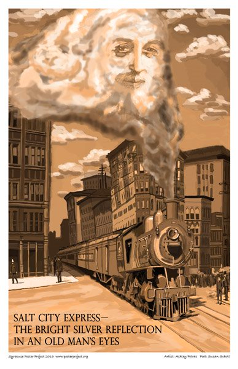 The face of a man is visible in a cloud of smoke coming from a train as it runs on its track through city buildings